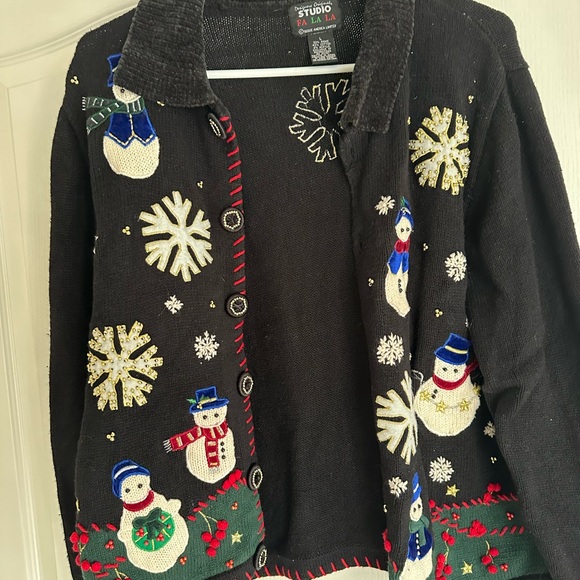 Designers original Christmas cardigan sweater with snowman and snowflakes large - Picture 1 of 5